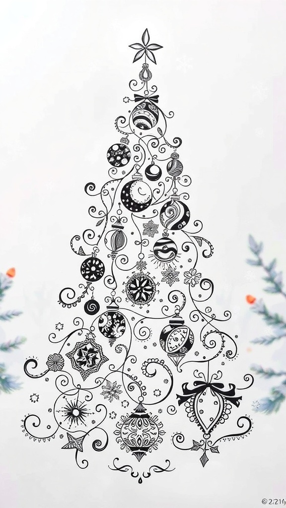Intricate Zentangle patterns on a Christmas tree illustration with a snowy background.